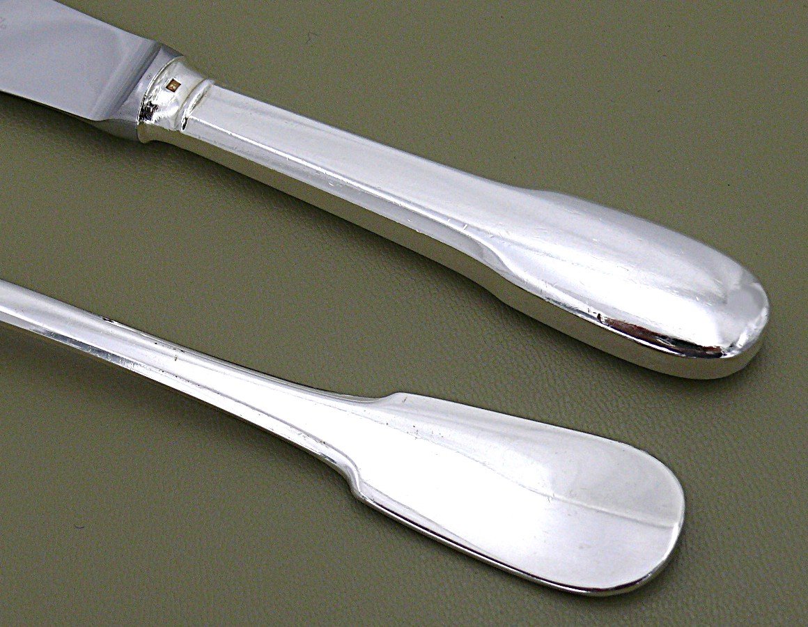 Christofle Modèle Cluny, Ménagère Set 61 Pièces Métal Argenté, Couteaux, Métal Argenté.-photo-4