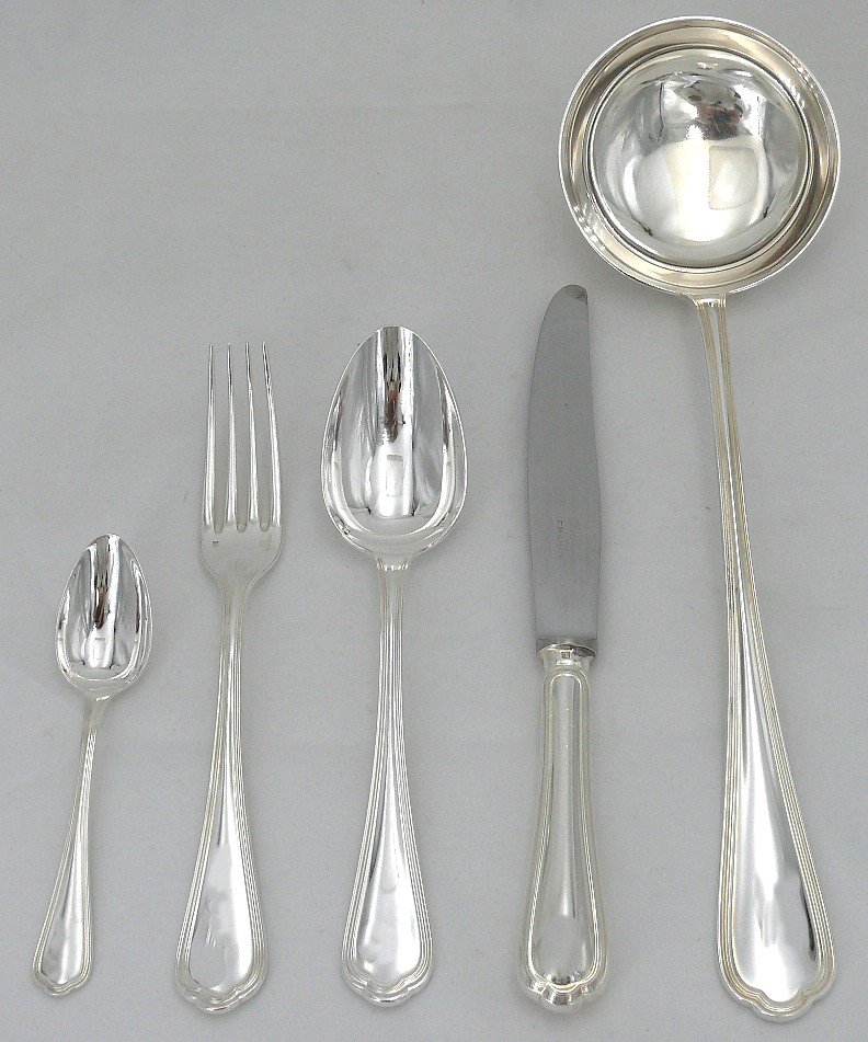 Christofle Modèle Spatours, Ménagère Set 49 Pièces Avec Couteaux, En Métal Argenté.-photo-3