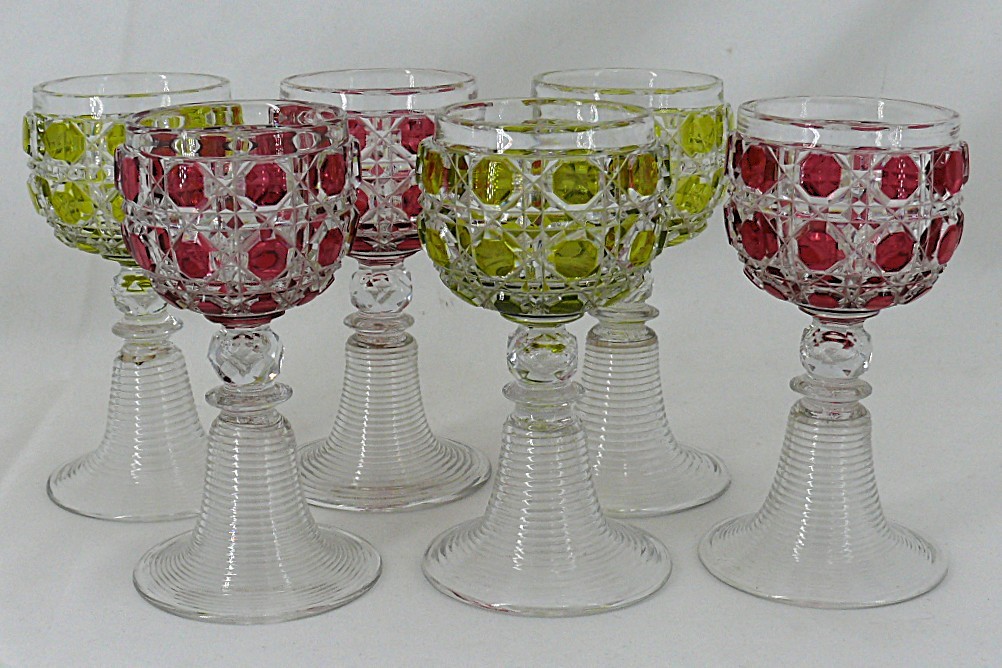 Baccarat Diamond Model, 6 Colored Port Glasses In Excellent Condition.