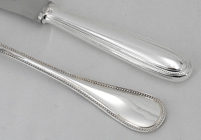 Christofle Modèle Perles, Ménagère Set De 49 Pièces Avec Couteaux, En Métal Argenté.-photo-4