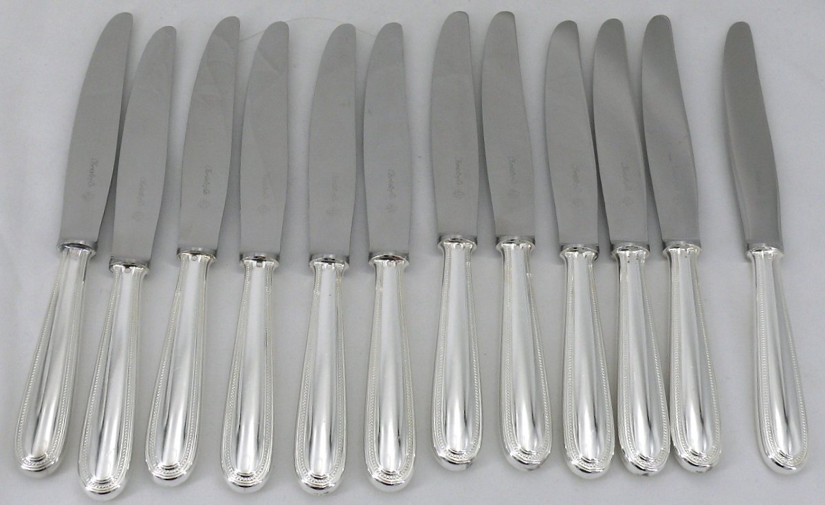 Christofle Modèle Perles, Ménagère Set De 49 Pièces Avec Couteaux, En Métal Argenté.-photo-1