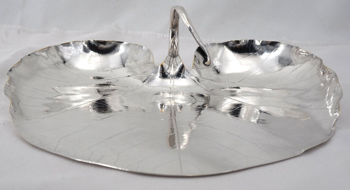 Christofle Leaf Dish, Paulownia Print In Silver Metal, Art Nouveau.-photo-4