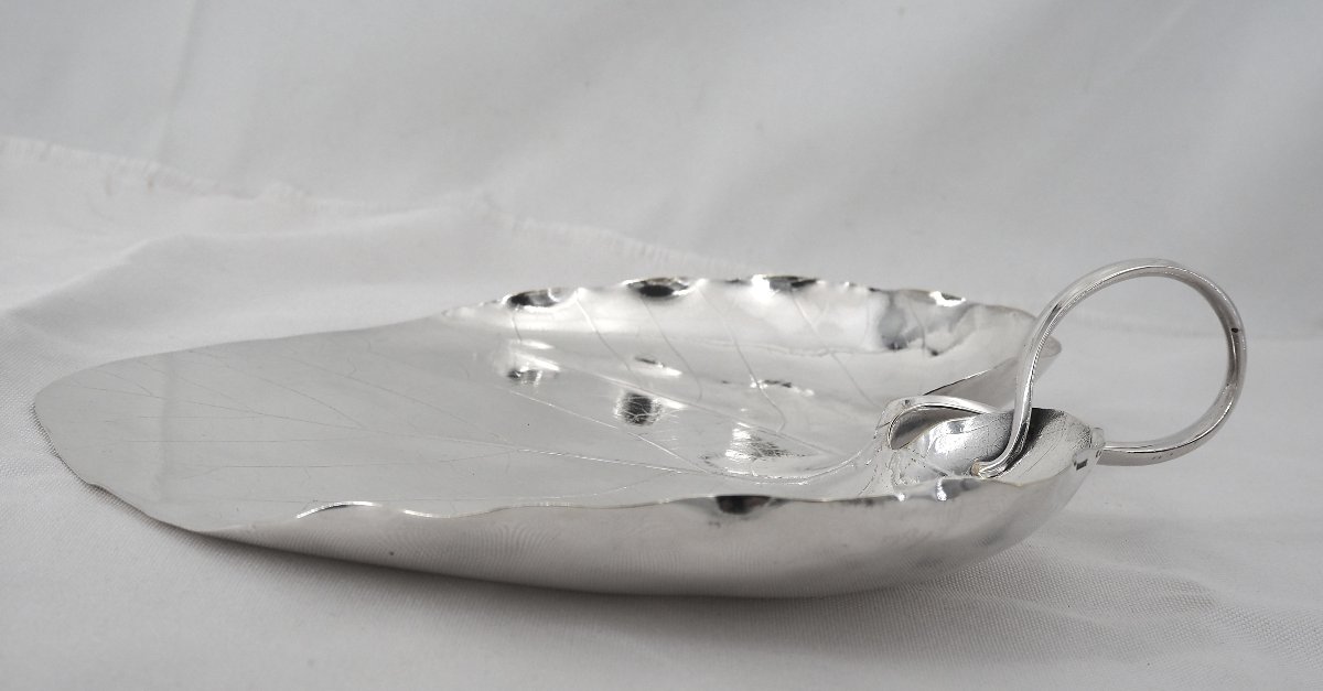 Christofle Leaf Dish, Paulownia Print In Silver Metal, Art Nouveau.-photo-2