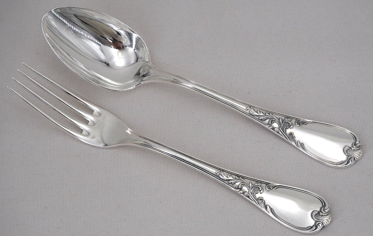 Ercuis modèle Dubarry, du Barry, 12 couverts de table, 24 pièces en métal argenté.-photo-2