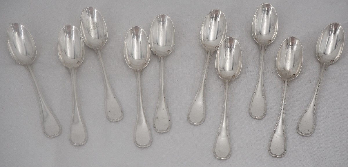 Puiforcat, 10 Teaspoons, Solid Silver Mocha Minerva, Excellent Condition.
