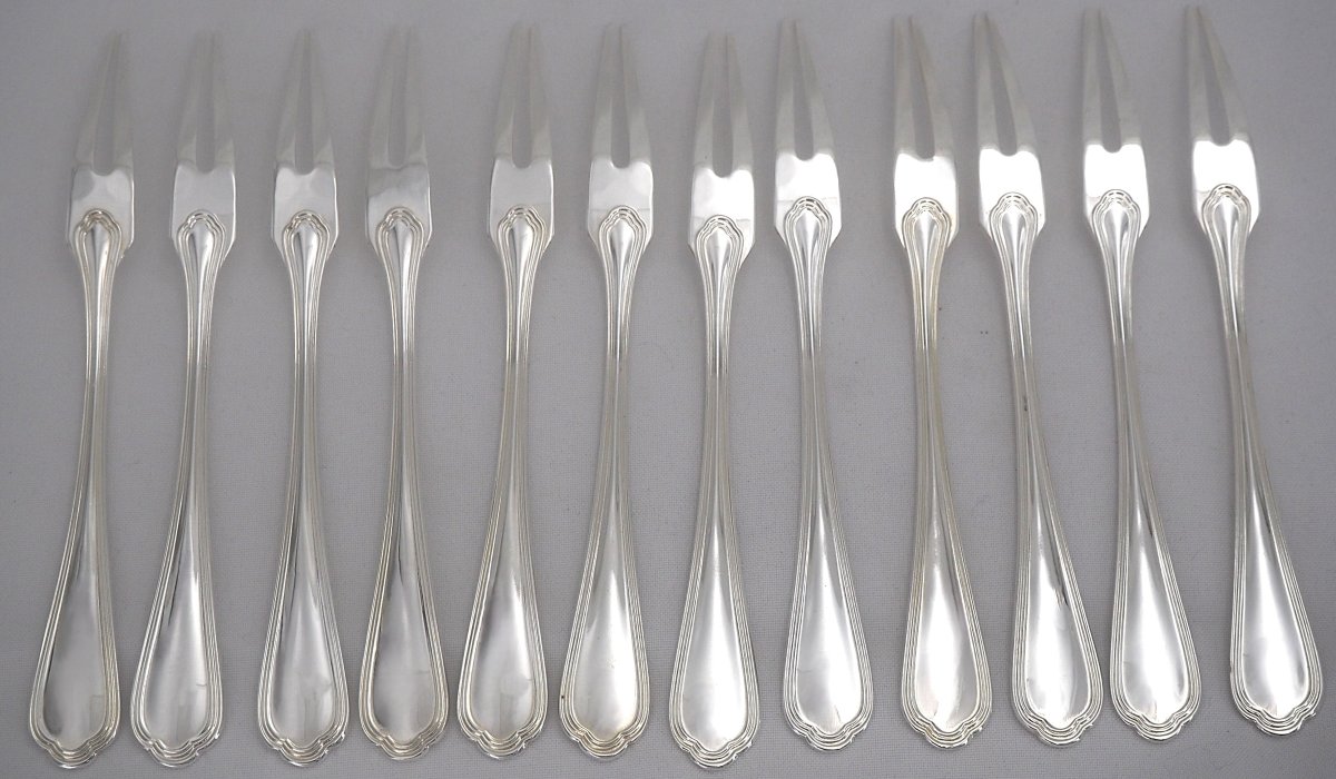 Christofle Spatours Model, 12 Snail And Shellfish Forks, 15.5 Cm, Silver-plated Metal.-photo-4