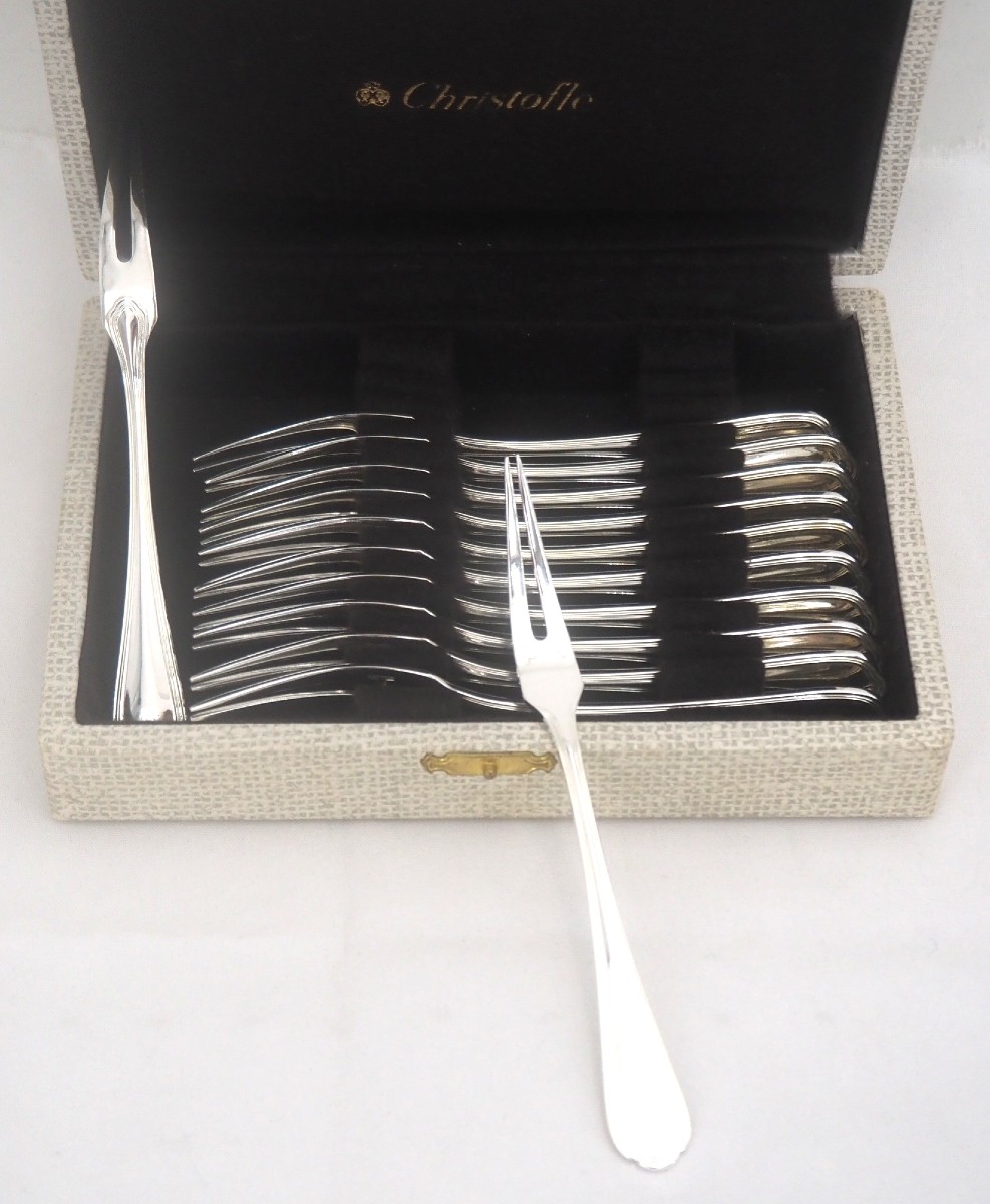 Christofle Spatours Model, 12 Snail And Shellfish Forks, 15.5 Cm, Silver-plated Metal.