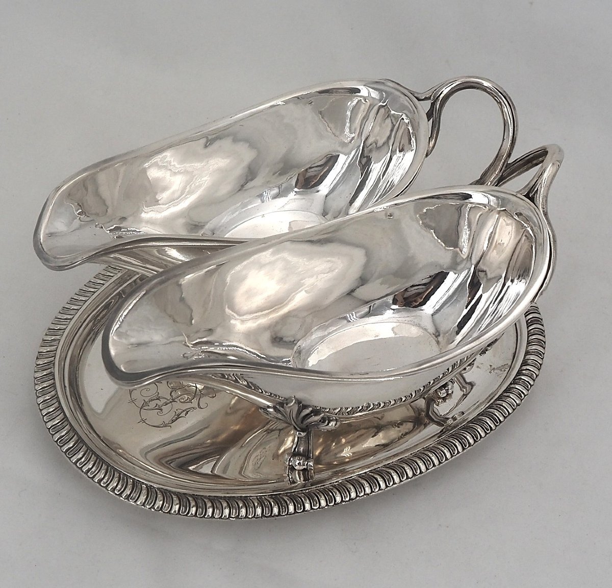 Odiot, Double Sauceboat With Its Linings, Solid Silver Minerva, Excellent Condition, 19th Century, 1.798 Kg-photo-2