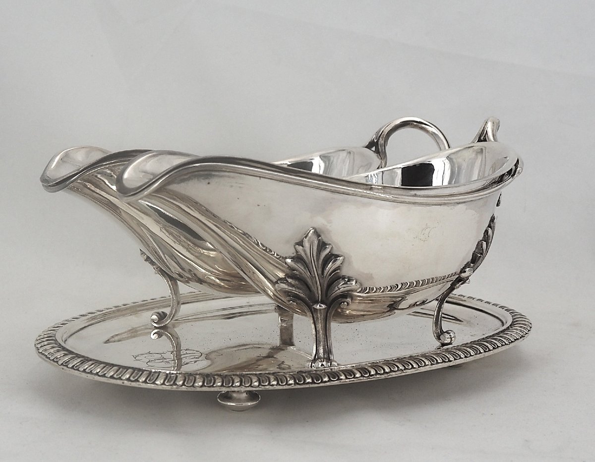 Odiot, Double Sauceboat With Its Linings, Solid Silver Minerva, Excellent Condition, 19th Century, 1.798 Kg-photo-4
