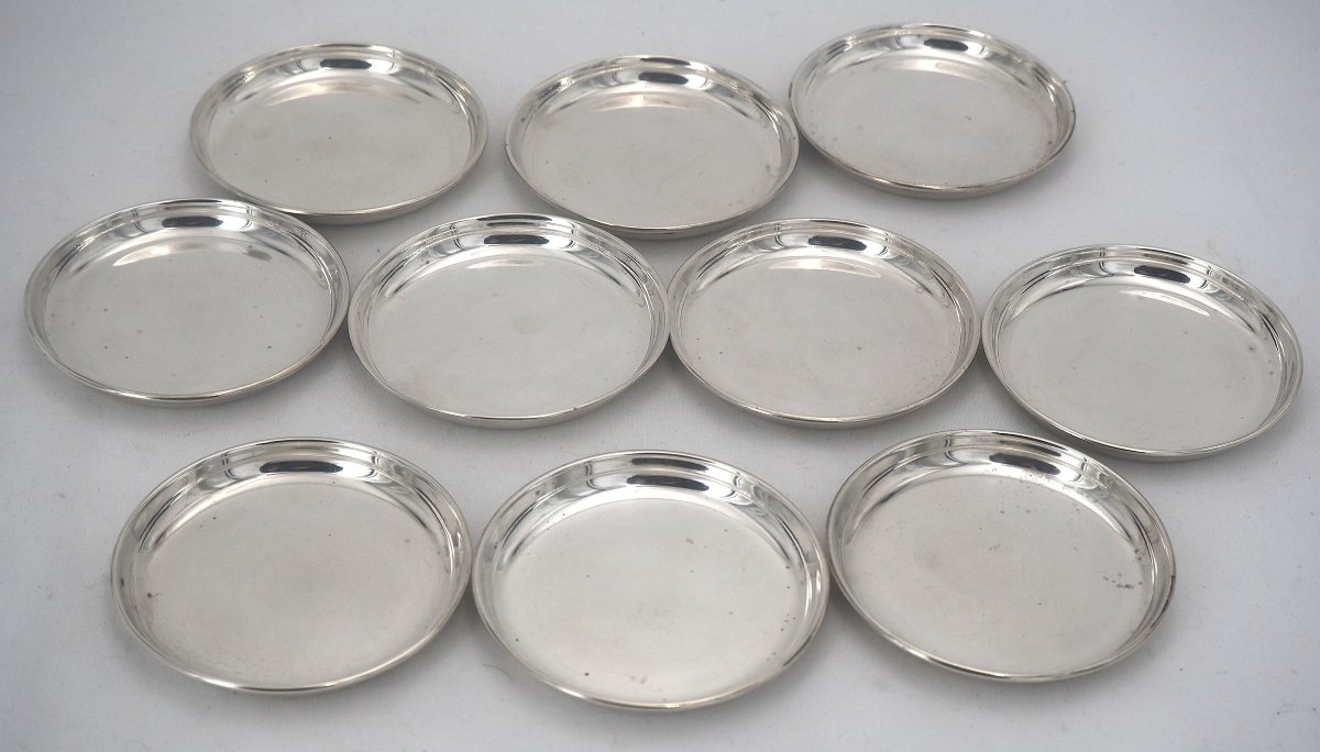 Set Of 10 Bread Plates, Solid Silver Bowls, Mexico, In Excellent Condition.-photo-3