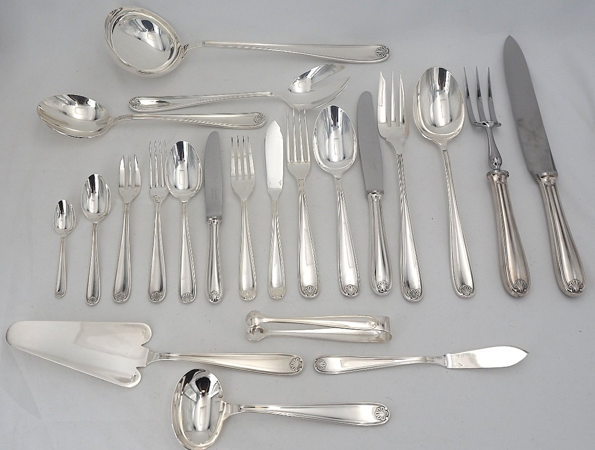 Christofle modèle Marot, petite coquille, ménagère set 143 pièces, métal argenté proche du neuf-photo-3