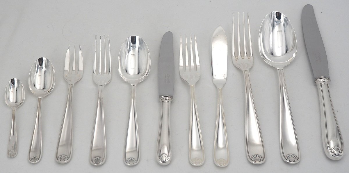 Christofle modèle Marot, petite coquille, ménagère set 143 pièces, métal argenté proche du neuf-photo-2