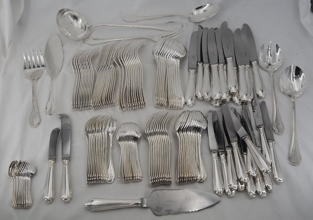 Christofle Pompadour Model, 142-piece Cutlery Set, Silver-plated Metal, Excellent Condition.-photo-2