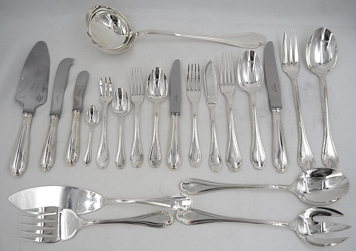 Christofle Pompadour Model, 142-piece Cutlery Set, Silver-plated Metal, Excellent Condition.-photo-3
