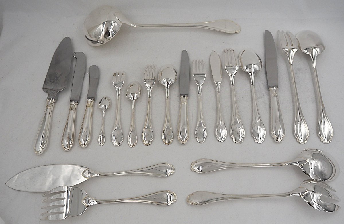 Christofle Pompadour Model, 142-piece Cutlery Set, Silver-plated Metal, Excellent Condition.-photo-2