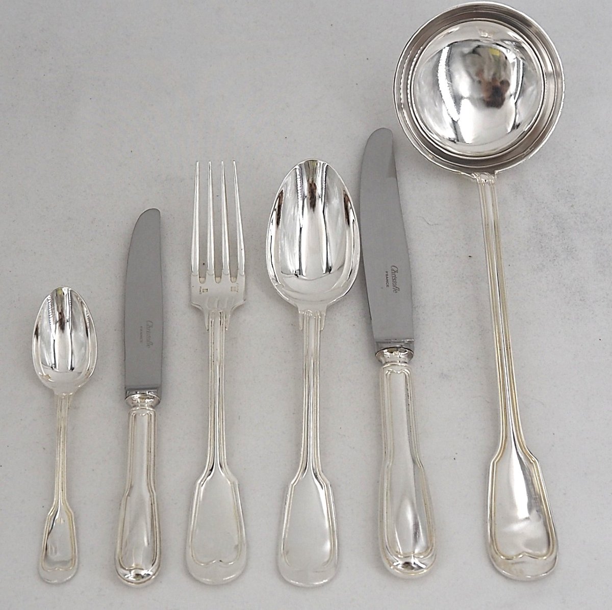 Christofle Chinon Model, Filet, 61-piece Silver-plated Cutlery Set, With Knives.-photo-3