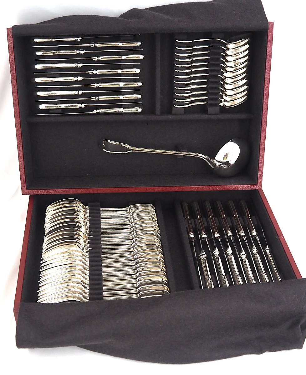 Christofle Chinon Model, Filet, 61-piece Silver-plated Cutlery Set, With Knives.-photo-7