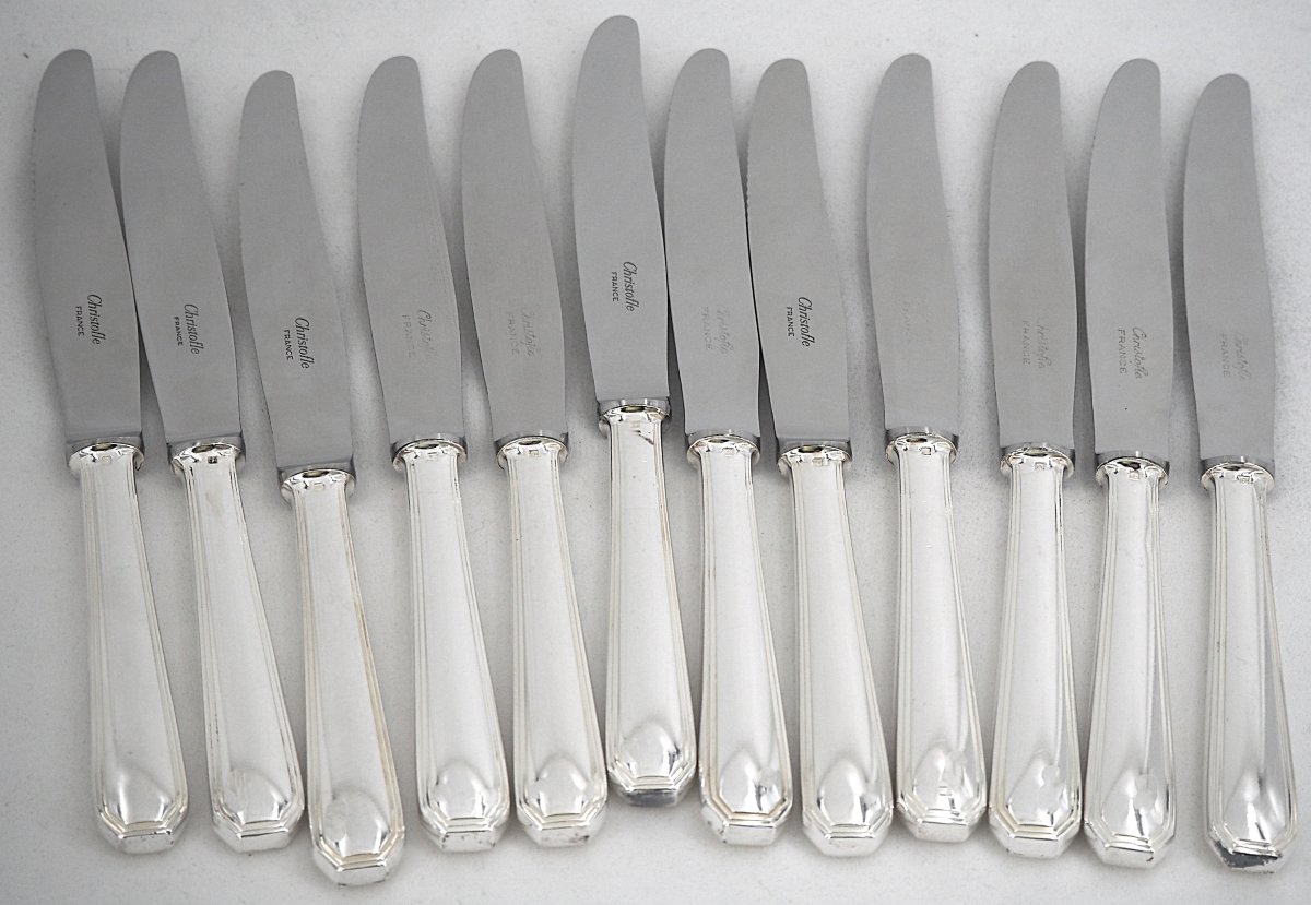 Christofle Model América, Art Deco, 12 Silver-plated Table Knives, In Excellent Condition.-photo-2