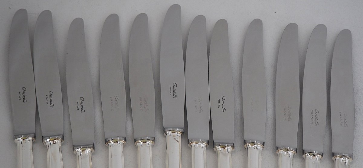 Christofle Model América, Art Deco, 12 Silver-plated Table Knives, In Excellent Condition.-photo-3