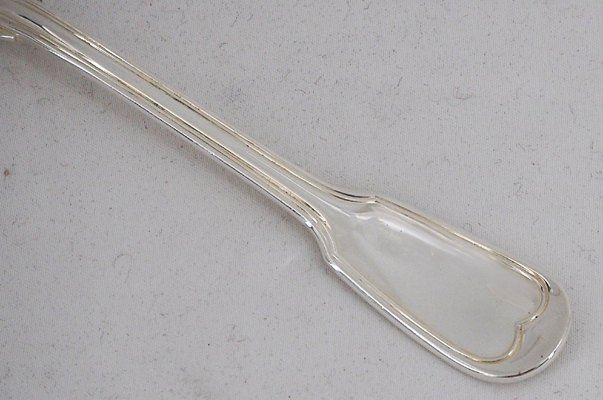 Christofle modèle Chinon, Filet, 12 fourchettes à entremets, dessert, métal argenté, 17 cm.-photo-4