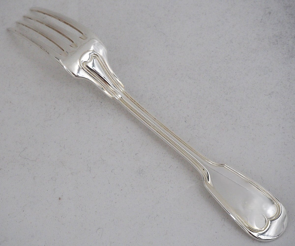 Christofle modèle Chinon, Filet, 12 fourchettes à entremets, dessert, métal argenté, 17 cm.-photo-2