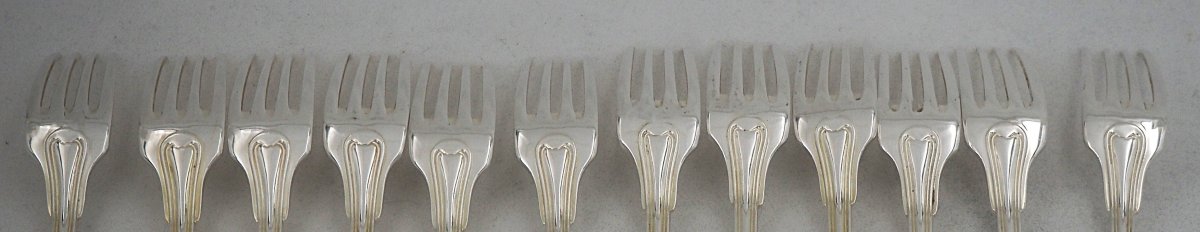 Christofle modèle Chinon, Filet, 12 fourchettes à entremets, dessert, métal argenté, 17 cm.-photo-4