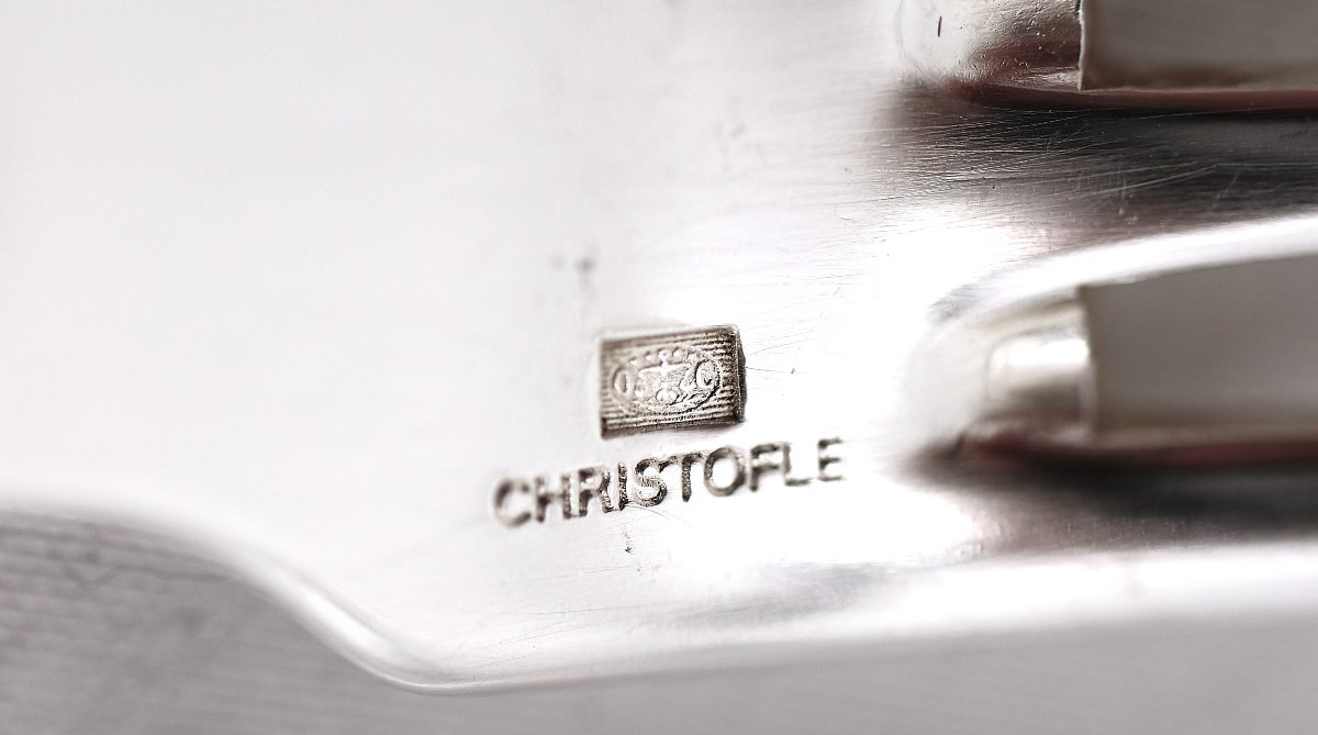 Christofle modèle Chinon, Filet, 12 fourchettes à entremets, dessert, métal argenté, 17 cm.-photo-5