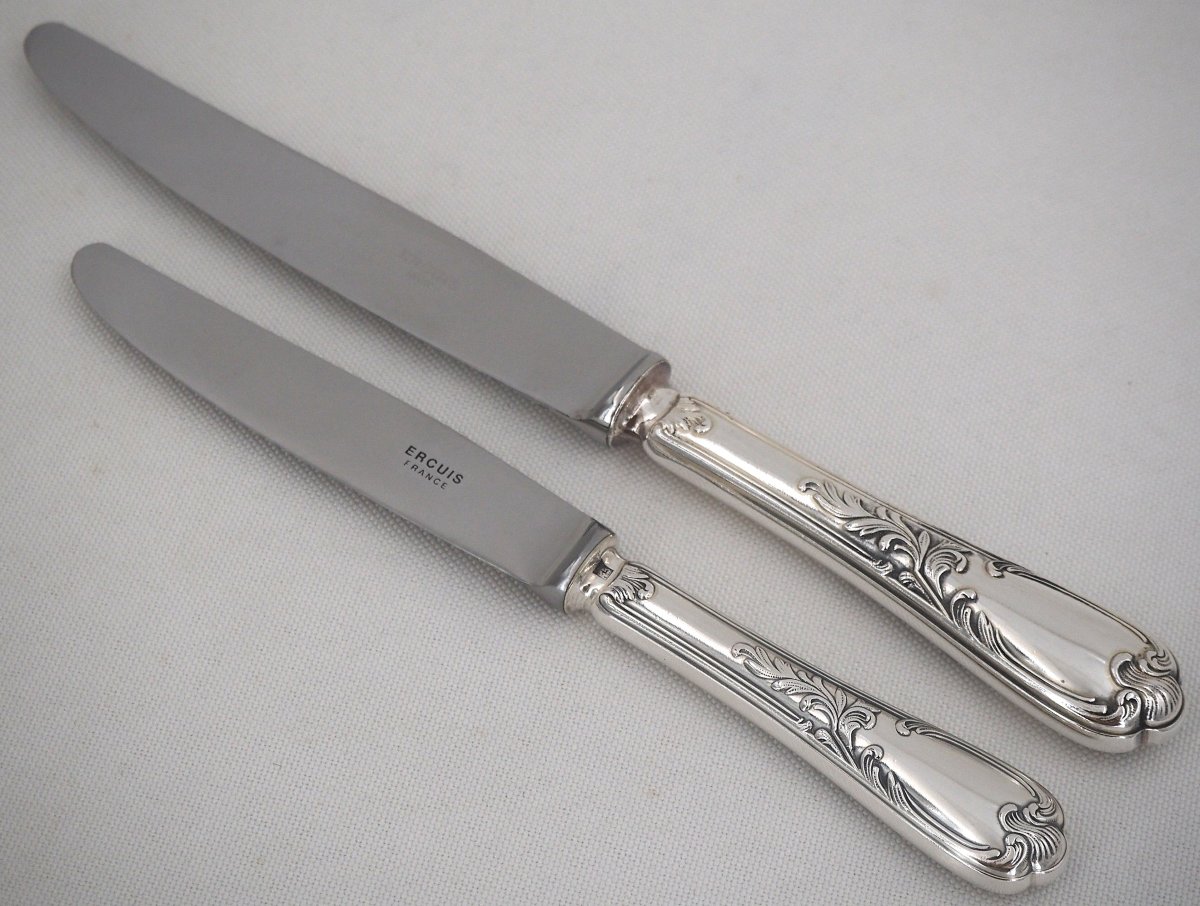 Ercuis Dubarry Model, From Barry, 24 Knives, 12 Table Knives + 12 Cheese Knives, Silver Metal.-photo-3