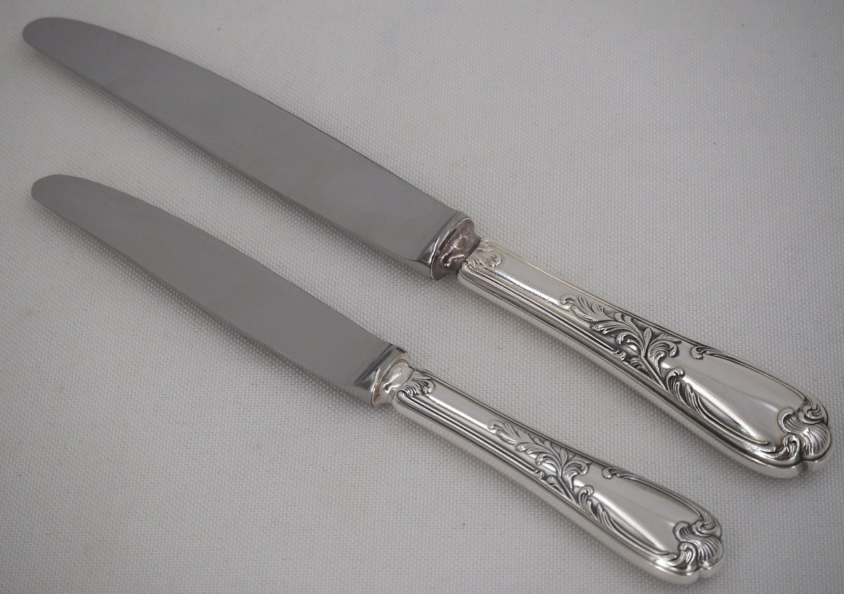Ercuis Dubarry Model, From Barry, 24 Knives, 12 Table Knives + 12 Cheese Knives, Silver Metal.-photo-1