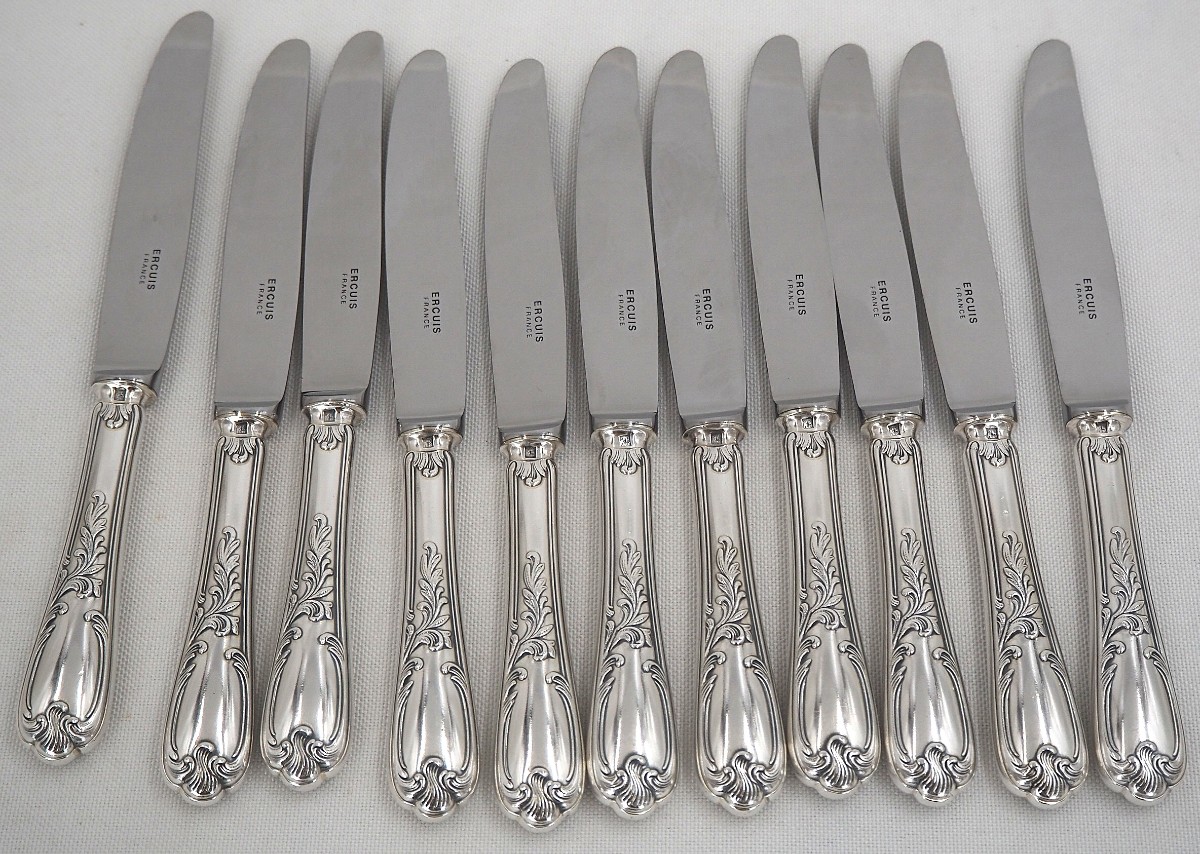 Ercuis Dubarry Model, From Barry, 24 Knives, 12 Table Knives + 12 Cheese Knives, Silver Metal.-photo-3