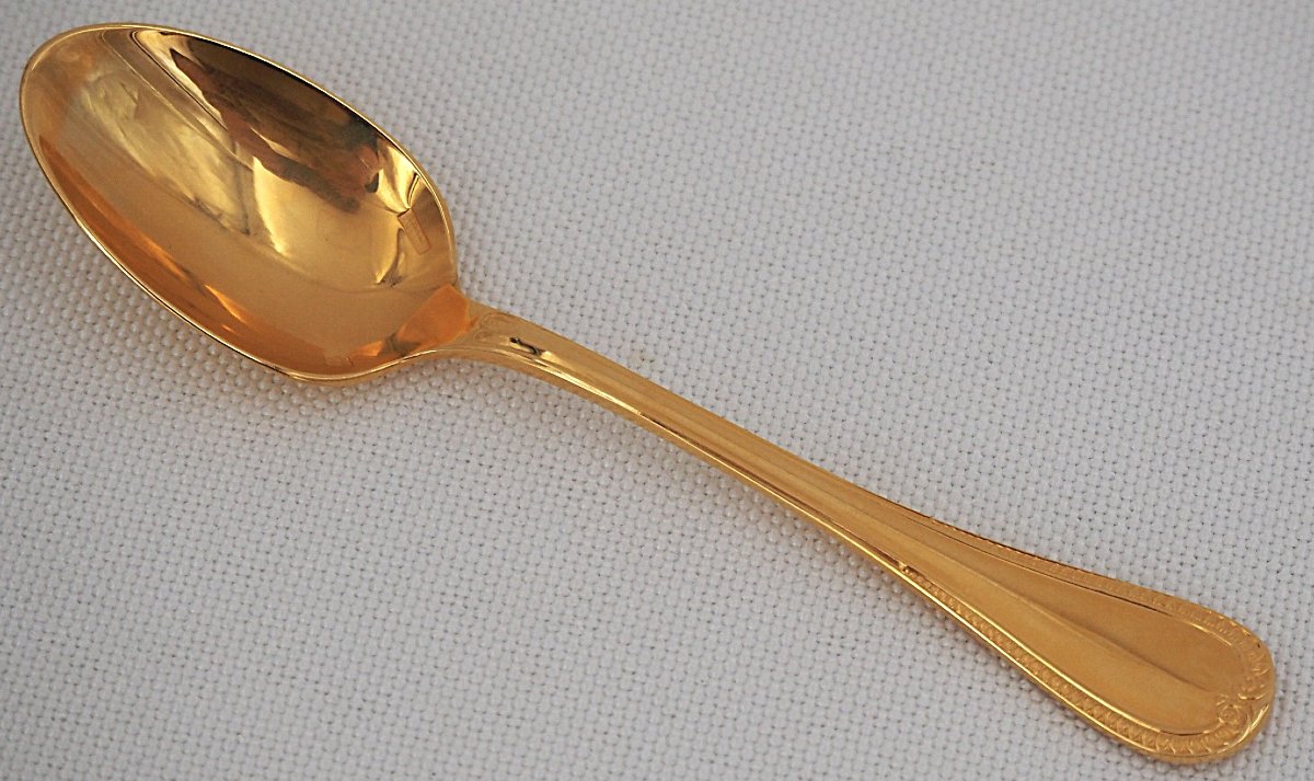 Christofle modèle Malmaison doré, 12 cuillères à moka, café, 10 cm, excellent état.-photo-3