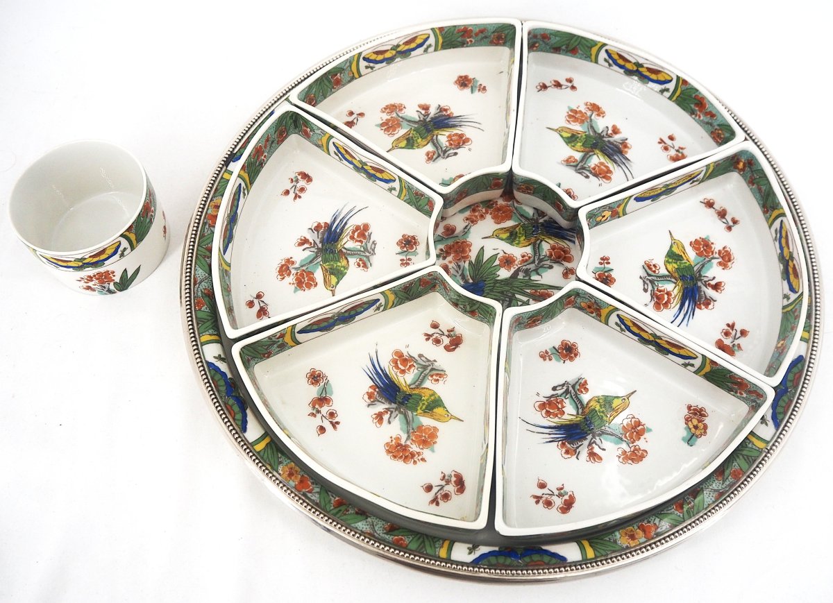 Tétard Frères, Limoges Porcelain, Raw Vegetable Platter, 8 Pieces, Birds In Paradise.-photo-4