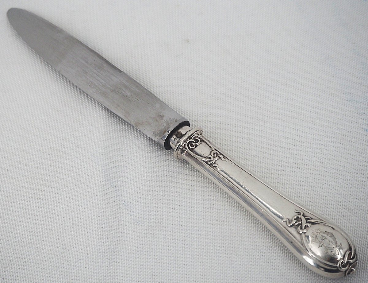 Pierre Queillé, 6 Minerva Silver Table Knives, Gordian Knot, Very Good Condition.-photo-2