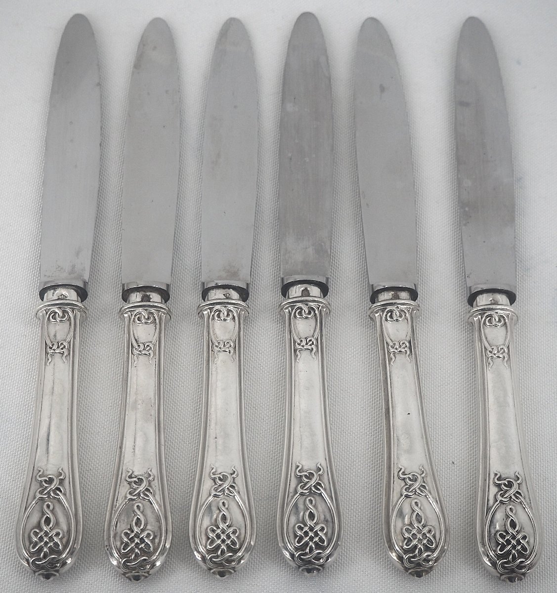 Pierre Queillé, 6 Minerva Silver Table Knives, Gordian Knot, Very Good Condition.-photo-1
