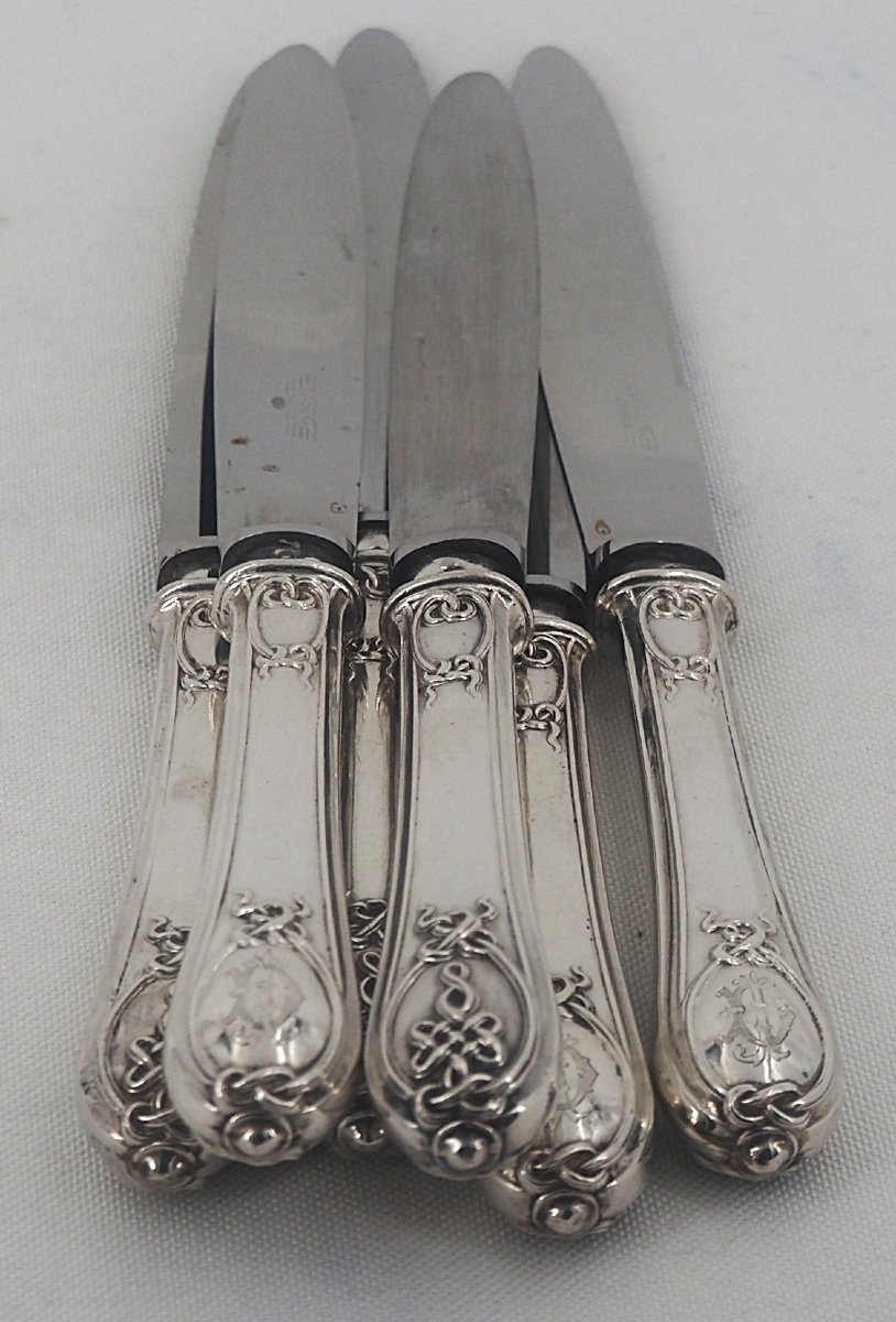 Pierre Queillé, 6 Minerva Silver Table Knives, Gordian Knot, Very Good Condition.-photo-3