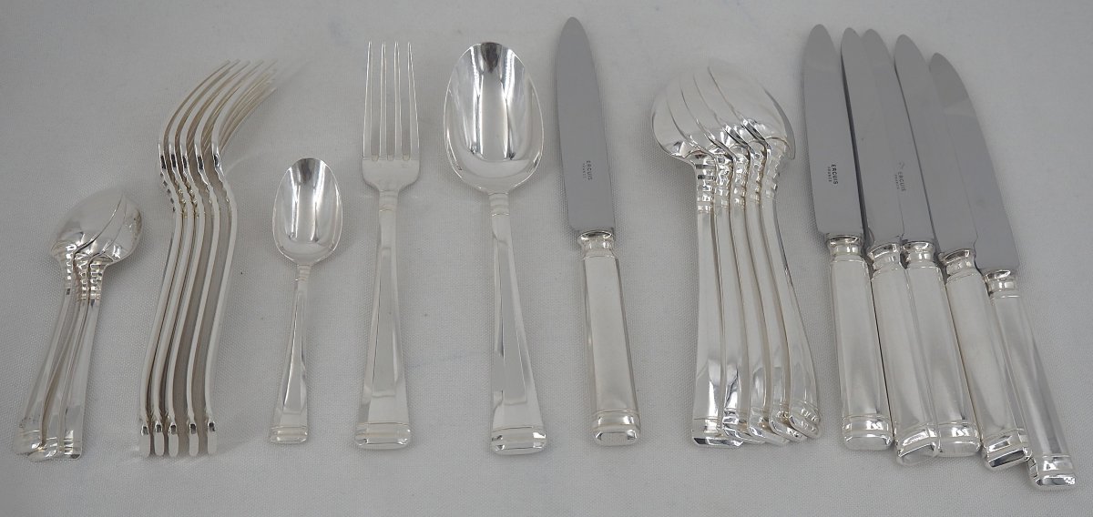 Ercuis modèle NIL, Art Déco, partie de ménagère, 22 pièces avec couteaux, métal argenté.-photo-2