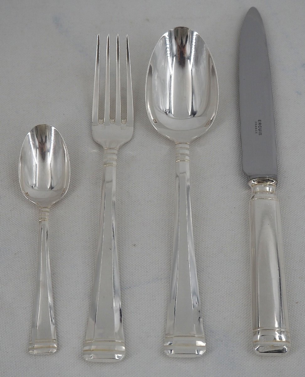Ercuis modèle NIL, Art Déco, partie de ménagère, 22 pièces avec couteaux, métal argenté.-photo-3