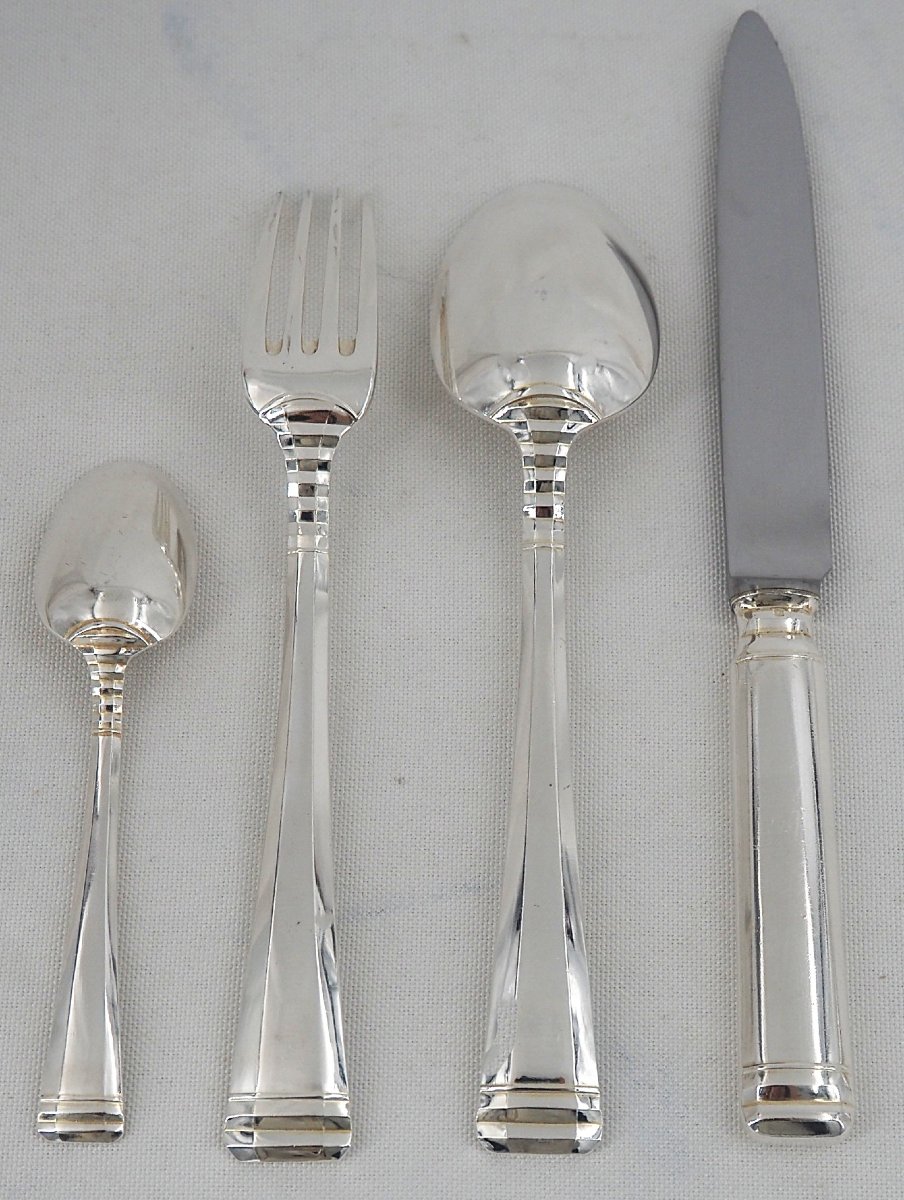 Ercuis modèle NIL, Art Déco, partie de ménagère, 22 pièces avec couteaux, métal argenté.-photo-5