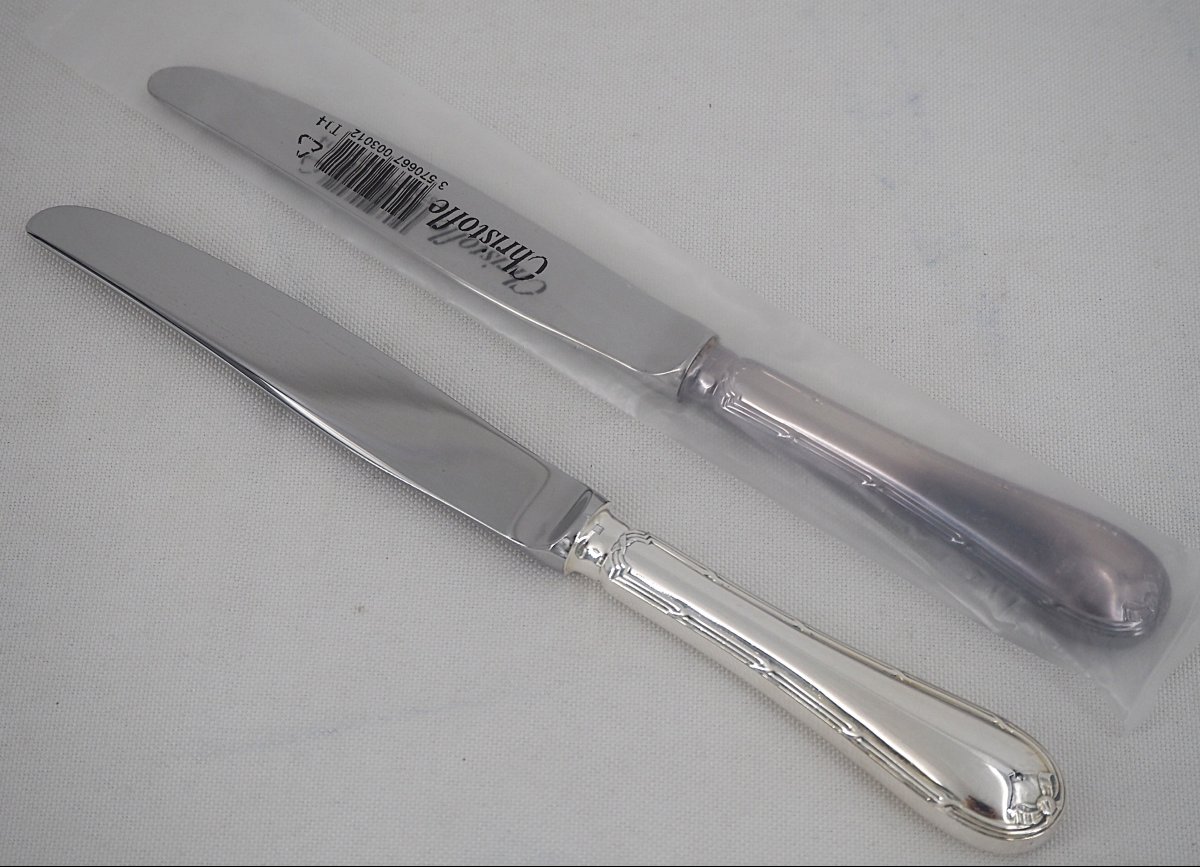 Christofle modèle Rubans, 10 couteaux de table, manches ronds, métal argenté, parfait état.-photo-4