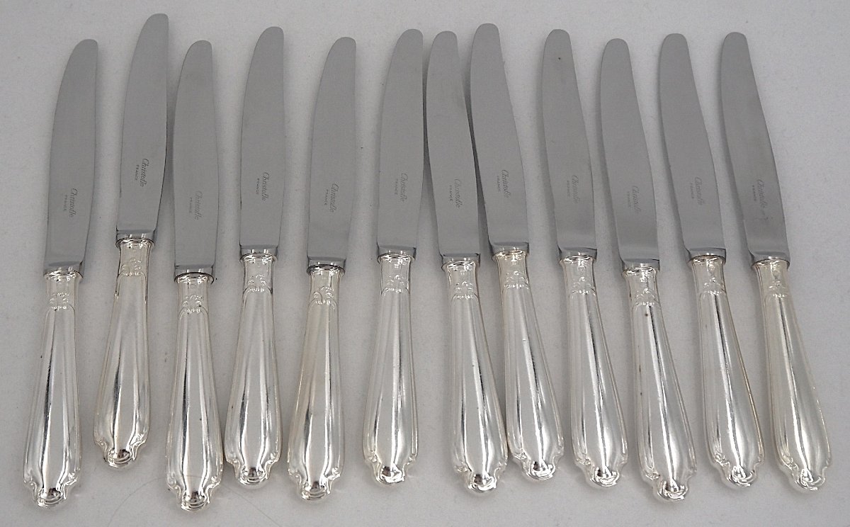 Christofle Pompadour Model, 24 Knives: 12 Table Knives + 12 Dessert Knives, Almost New.-photo-3