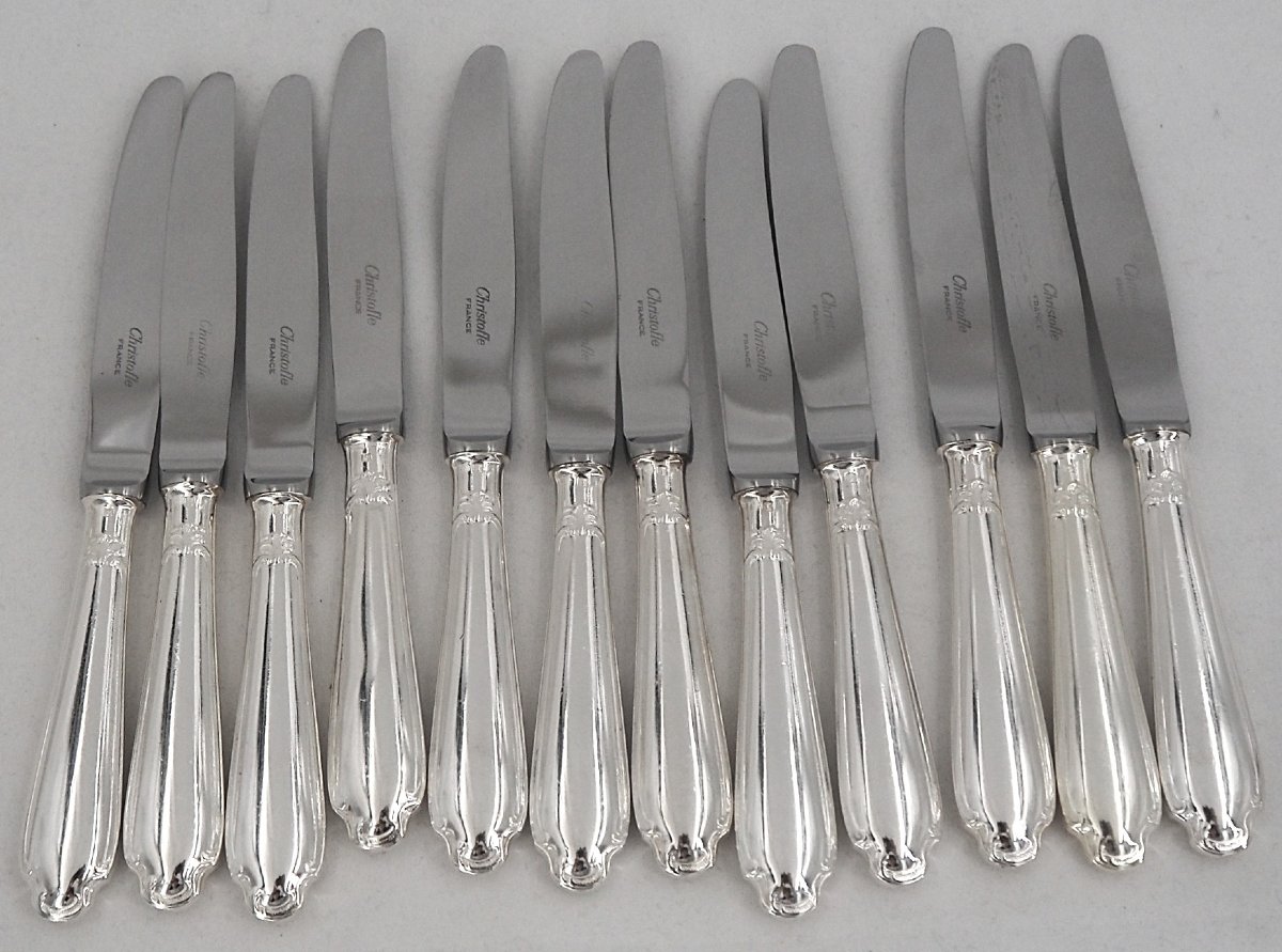 Christofle Pompadour Model, 24 Knives: 12 Table Knives + 12 Dessert Knives, Almost New.-photo-4