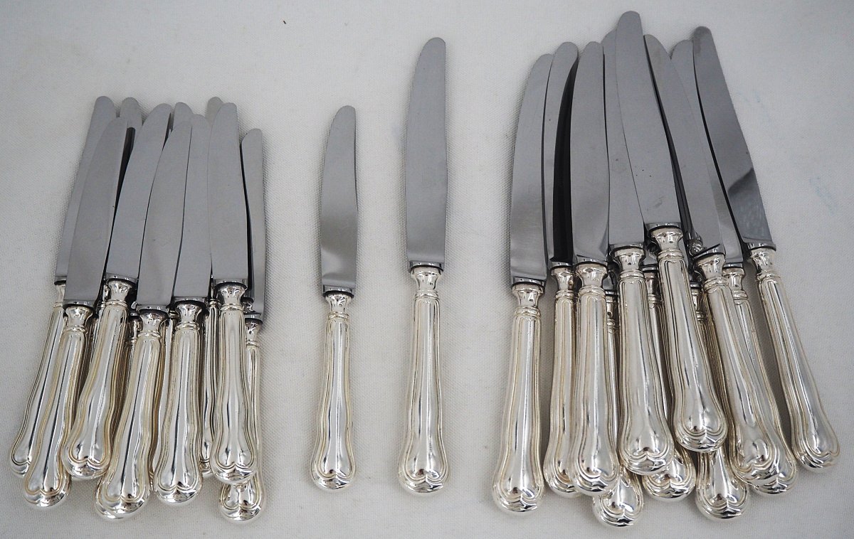 Ato, Violin Filet Model In Silver Metal, 12 Table Knives + 12 Cheese Knives.-photo-2