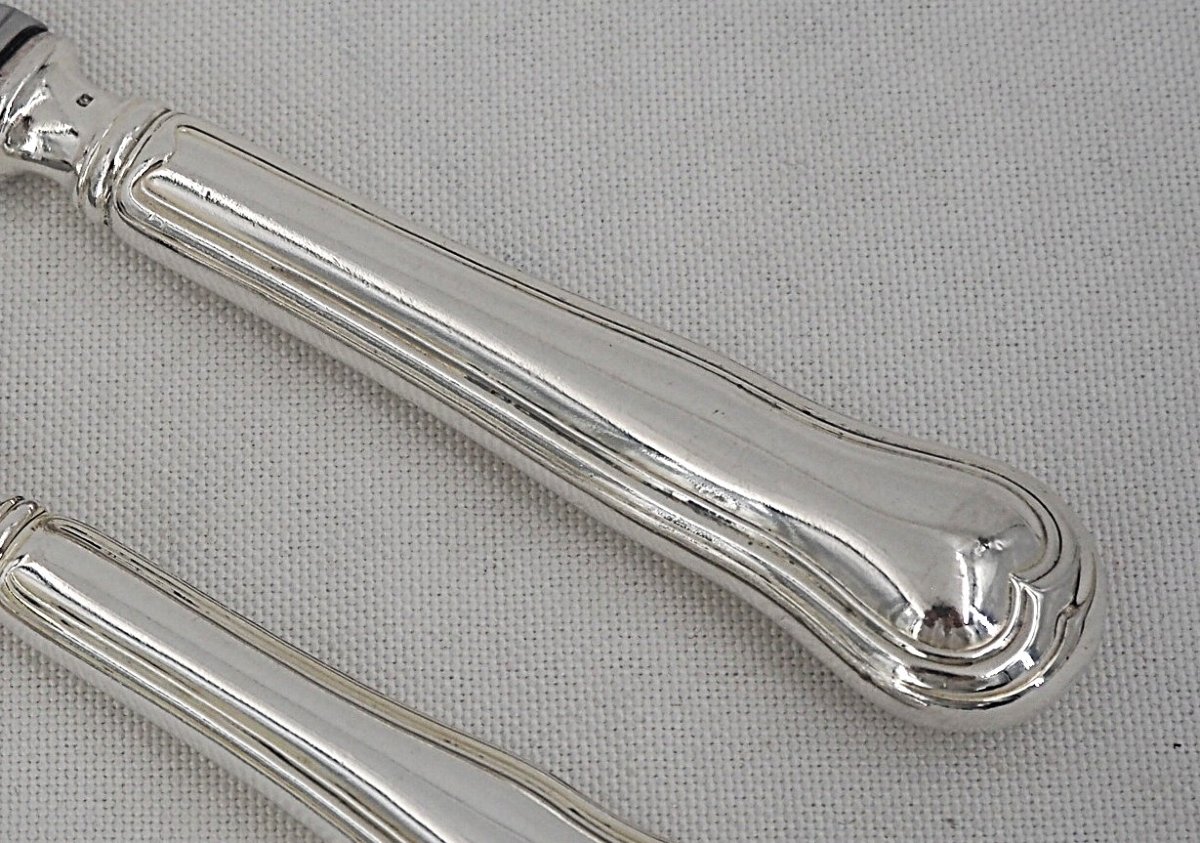Ato, Violin Filet Model In Silver Metal, 12 Table Knives + 12 Cheese Knives.-photo-4