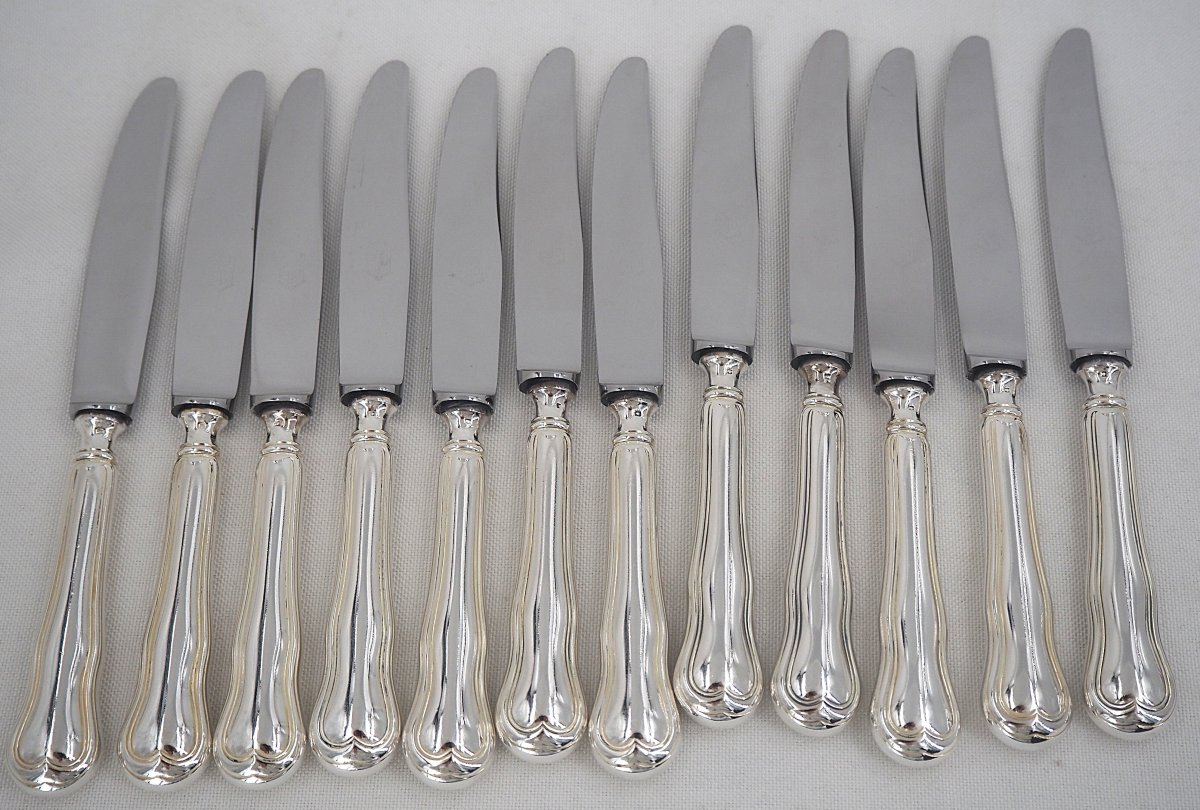 Ato, Violin Filet Model In Silver Metal, 12 Table Knives + 12 Cheese Knives.-photo-3