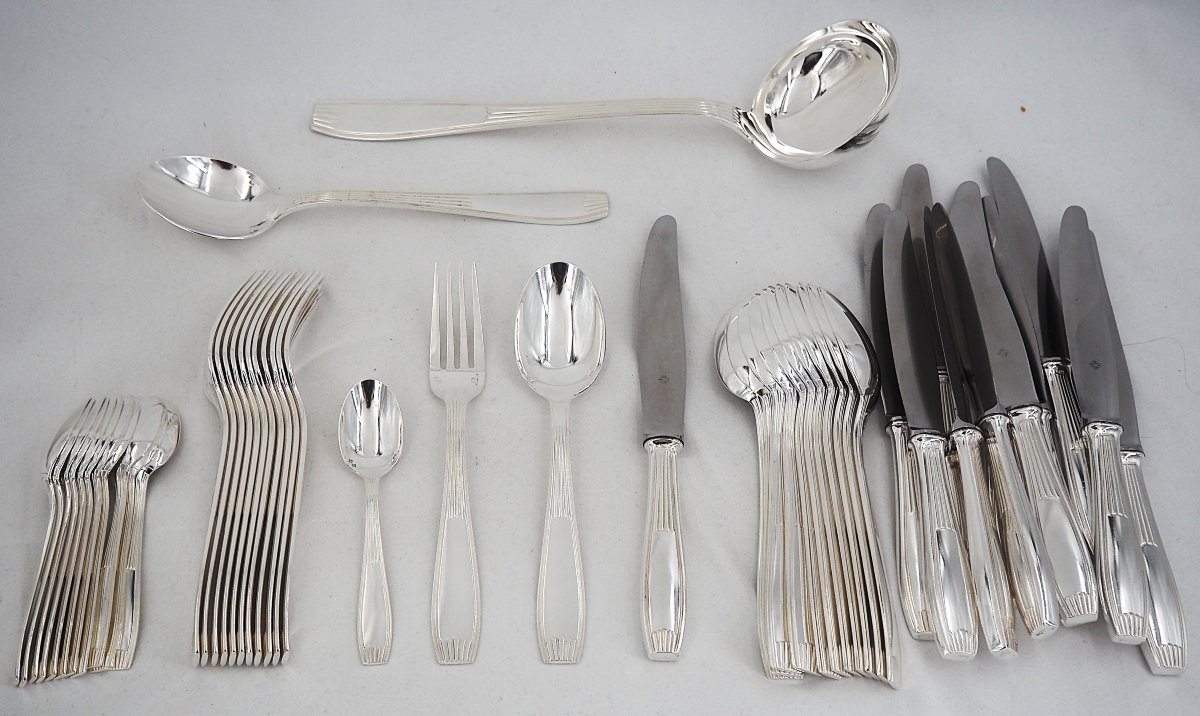 Alfénide, Christofle modèle Cirta, Art Déco Luc Lanel, ménagère set de 50 pièces, métal argenté-photo-2