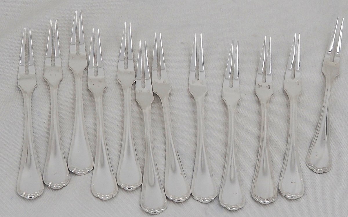 Christofle modèle Spatours, 12 fourchettes à escargots, crustacés, 17 cm, proches du neuf.-photo-2