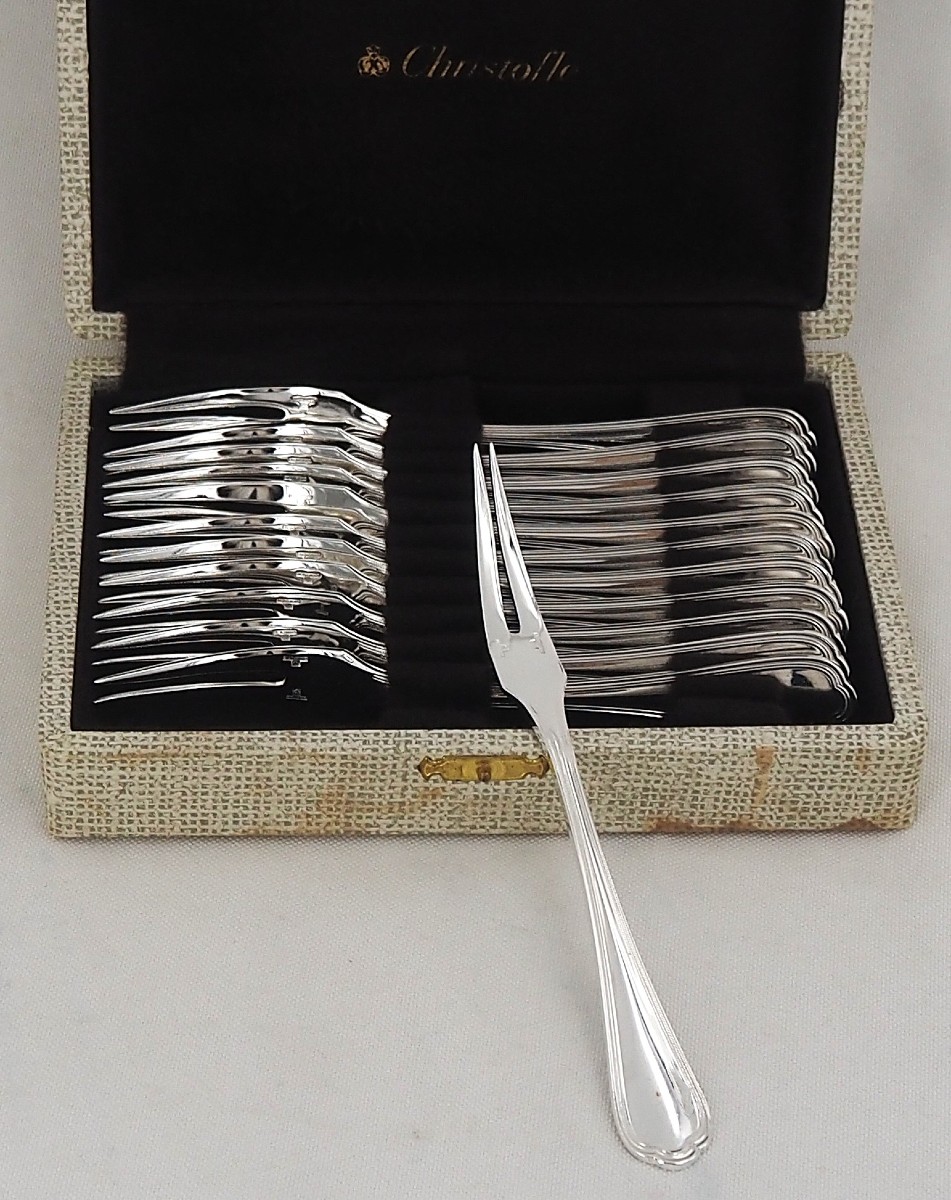Christofle modèle Spatours, 12 fourchettes à escargots, crustacés, 17 cm, proches du neuf.