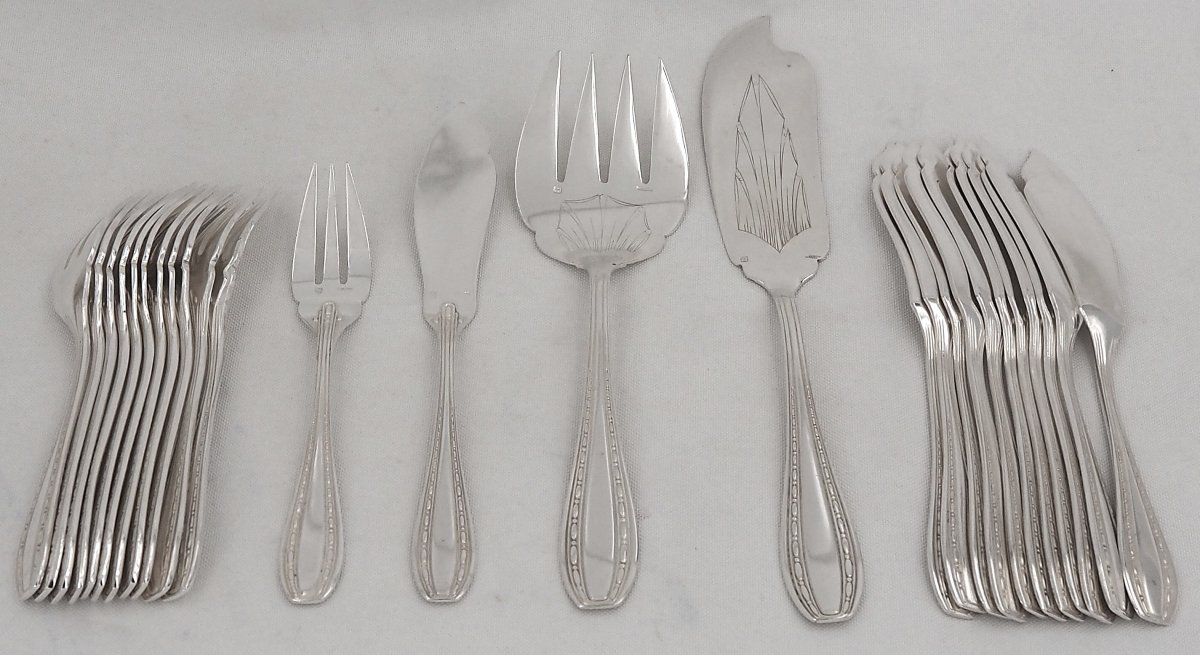Ercuis Model Toledo, Art Deco, 26-piece Fish Set, In Silver-plated Metal.-photo-2