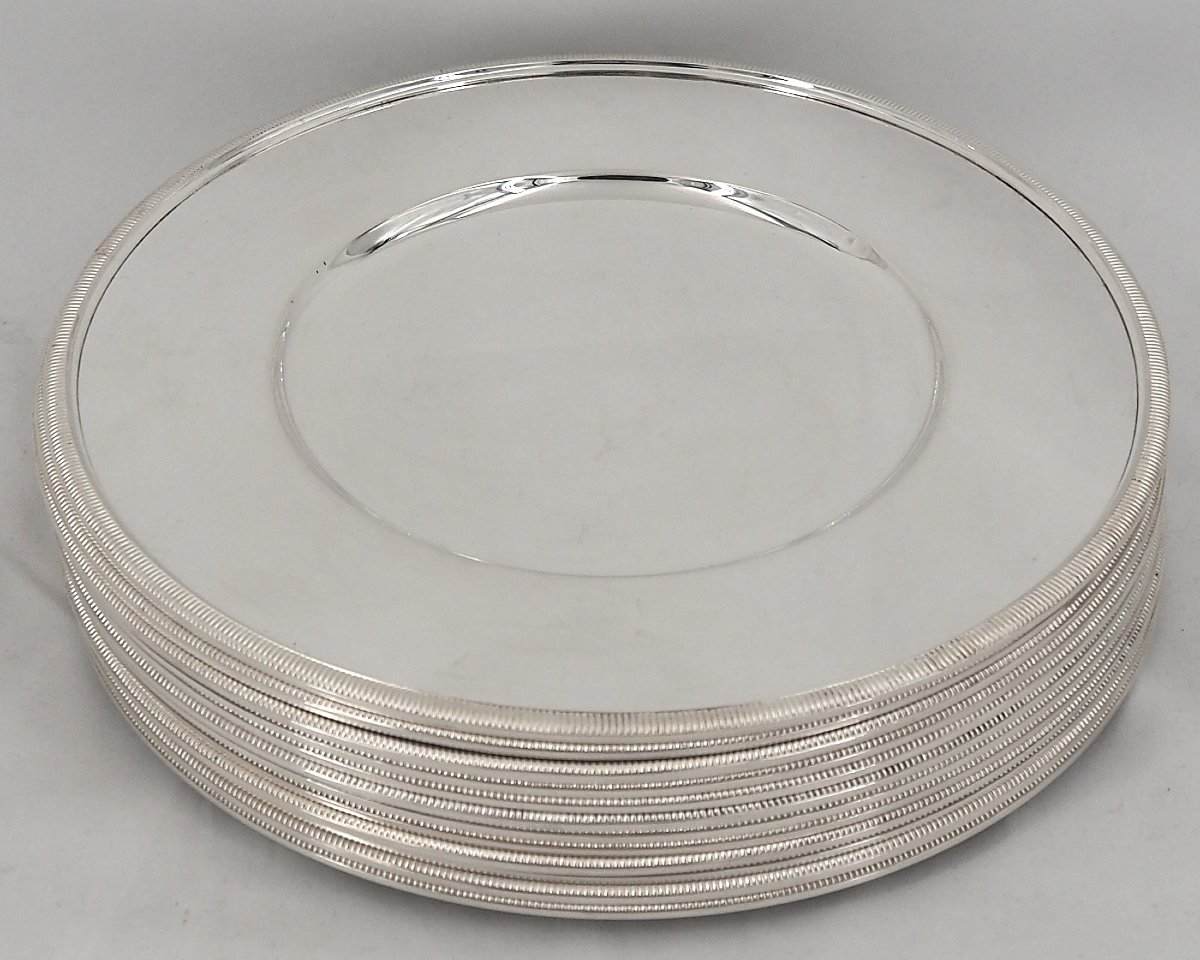 Christofle, 12 Presentation Plates, Godrons Model, Silver-plated Metal, Very Good Condition.-photo-2