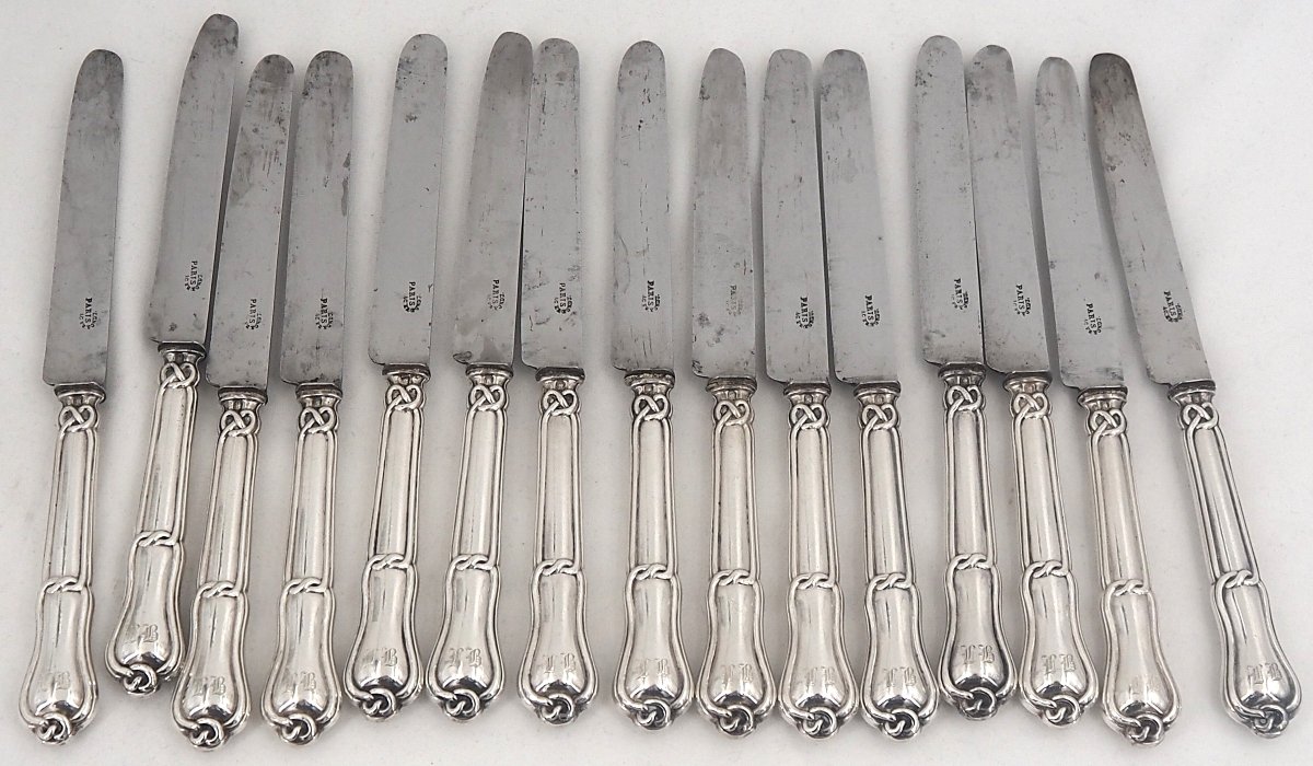 Set Of 15 Dessert, Cheese And Dessert Knives With Silver Handles And Gordian Knot.-photo-2